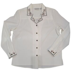 Vintage Alfred Dunner Embroidered Floral Collar Long Sleeve Button Blouse Sz 10P